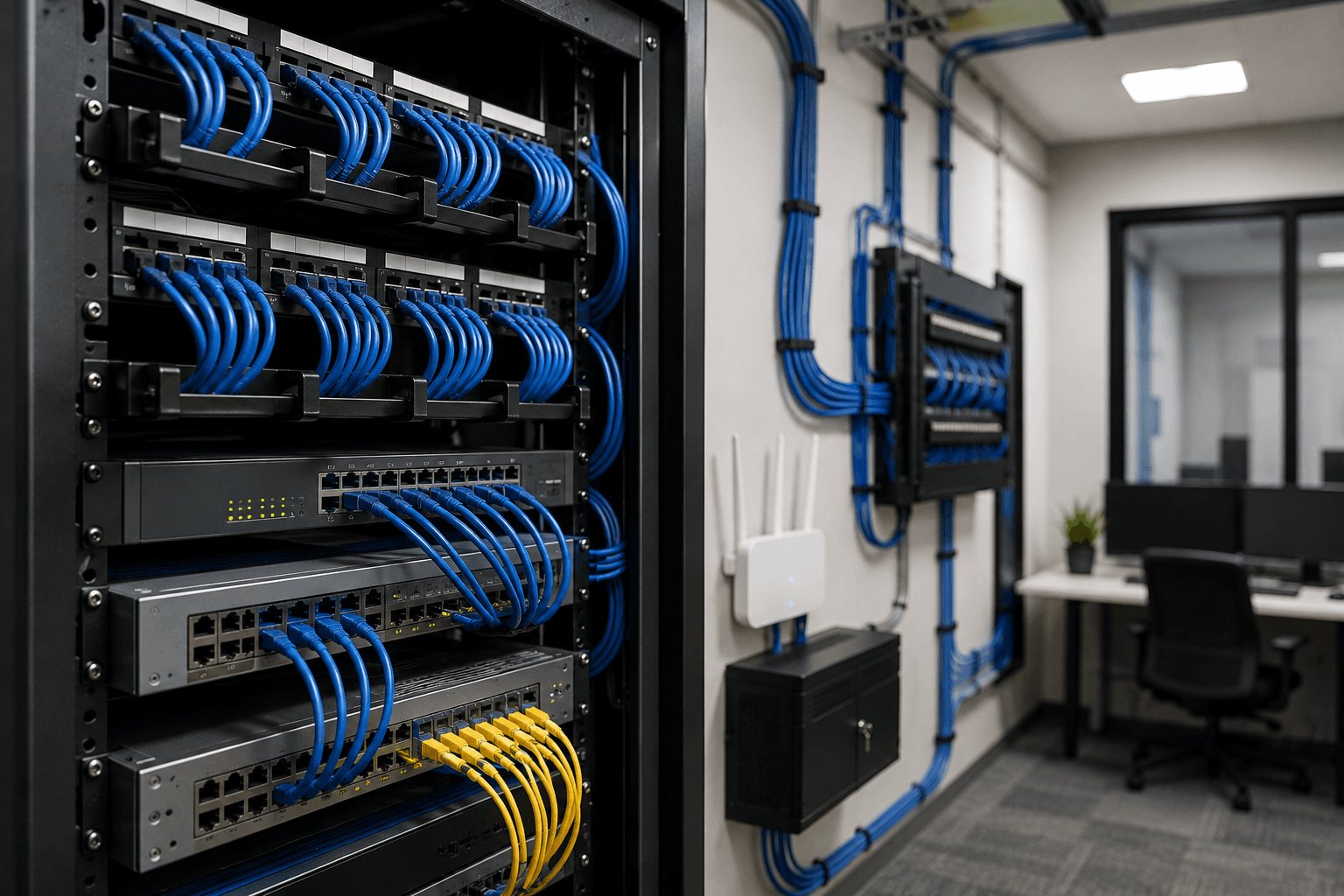 Office LAN cabling and networking setup