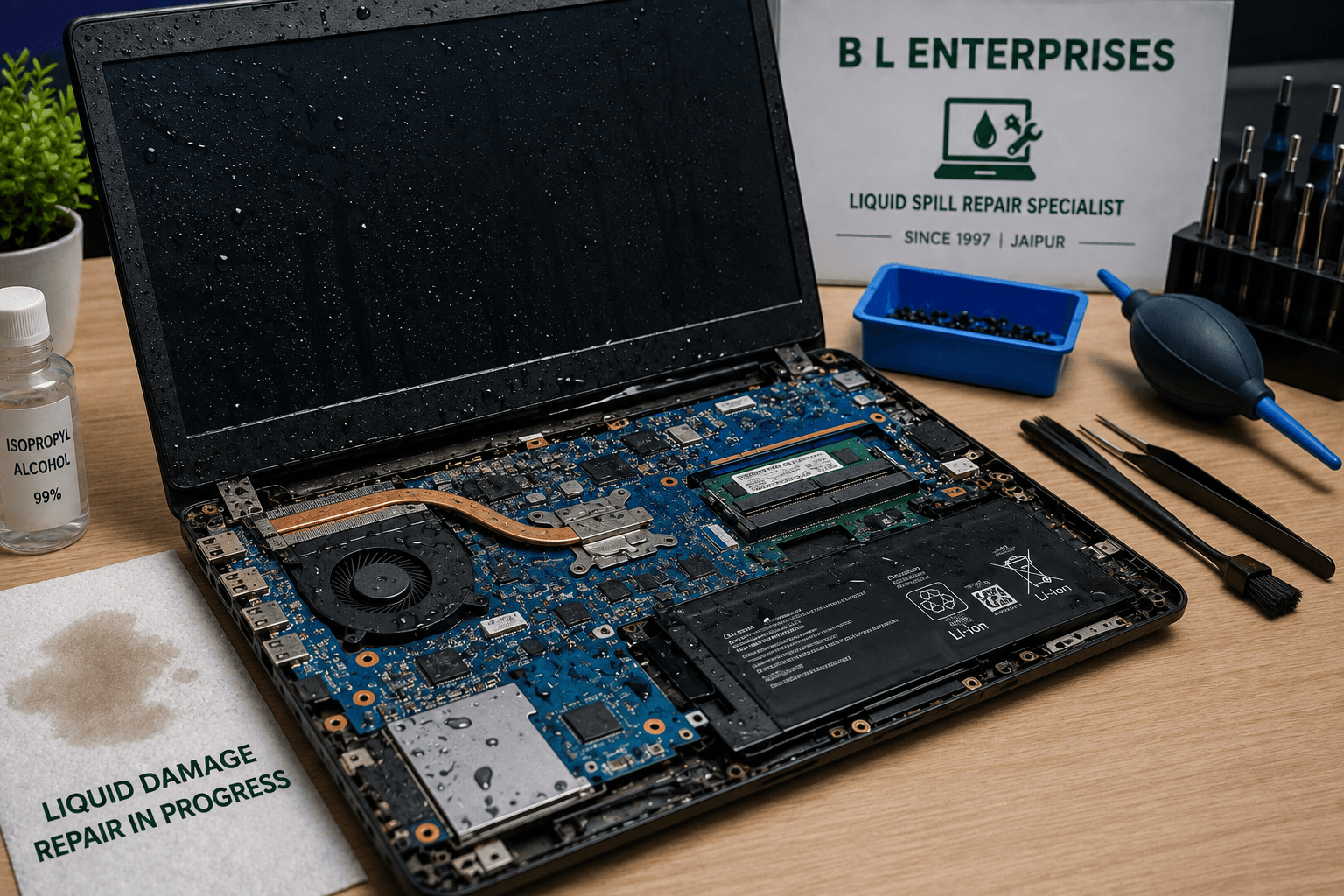 Laptop liquid spill and water damage repair service in Jaipur by B L Enterprises